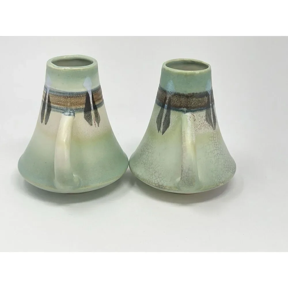 Vintage Made In Japan Double Handled Ceramic Vases Montacello 5” Green Set Of 2